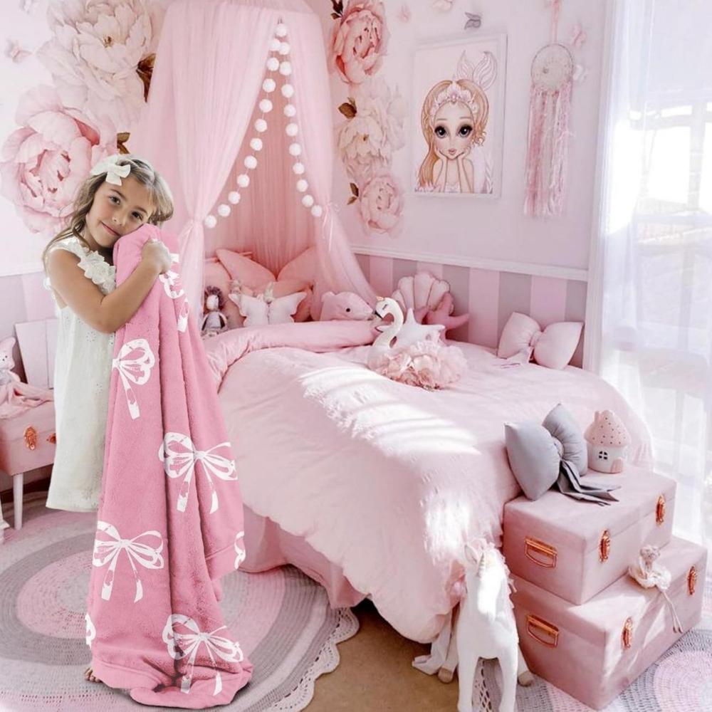 Soft Funny Throw Blanket Cute Pink Bow Coquette Girly Blanket Gifts For Kids Women Teens Flannel Pink Bow Blanket Bedding For Preppy Spring Decor