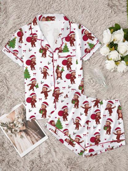 Cute Christmas Monkey Pajama Set, Comfortable Sleepwear for All Seasons, Fitted Cartoon Pattern Nightgown, Ideal Holiday Gift