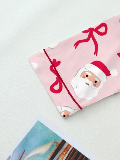 【Christmas Pajamas】Women's Christmas Pajama Set, Cute Santa Claus Bowknot Comfortable Sleepwear, Long Sleeve Top & Pants Two-Piece, Loungewear