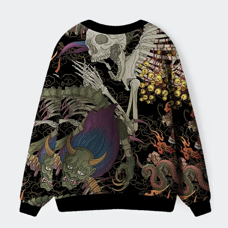 Tokyo-Tiger Japanese Yokai And Skeletons Ugly Cardigan Sweater