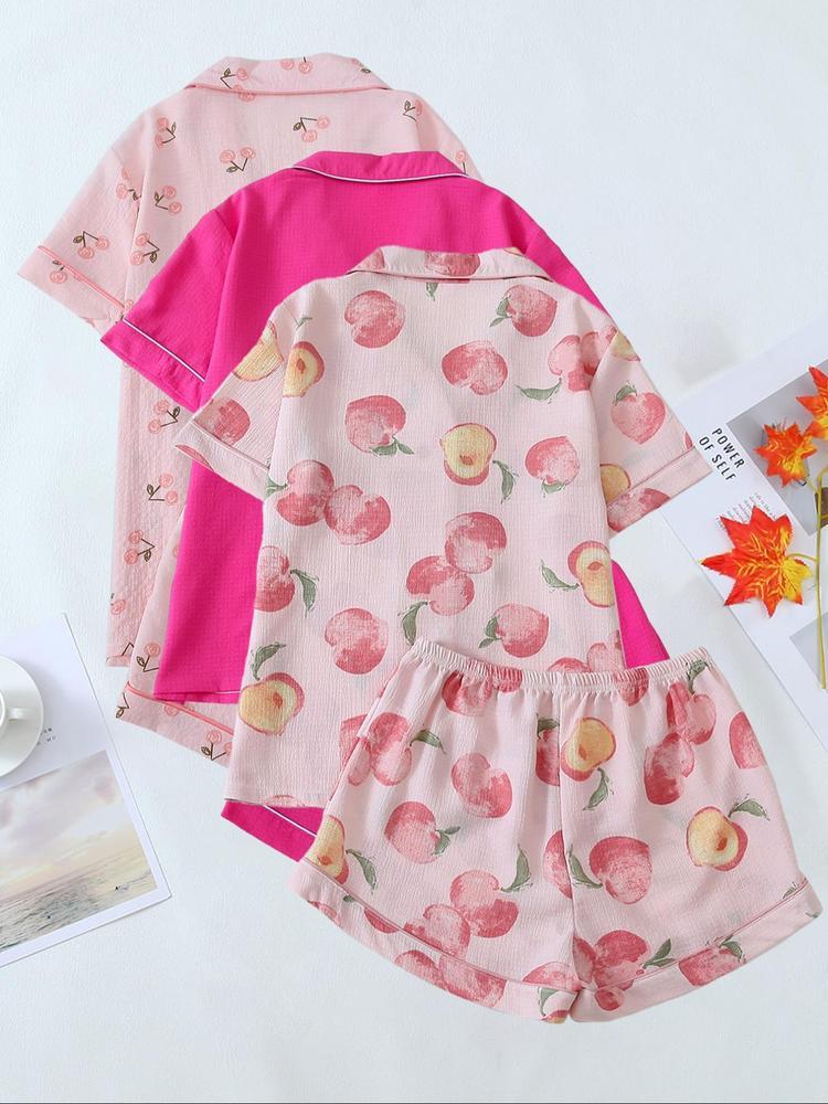 Women's Heart/All Over Fruit Print Contrast Binding Pyjama Set, Short Sleeve Lapel Neck Button Up Top & Elastic Waist Shorts PJ Set, Casual Comfy Loungewear Set for Women Pajamas, Homewear