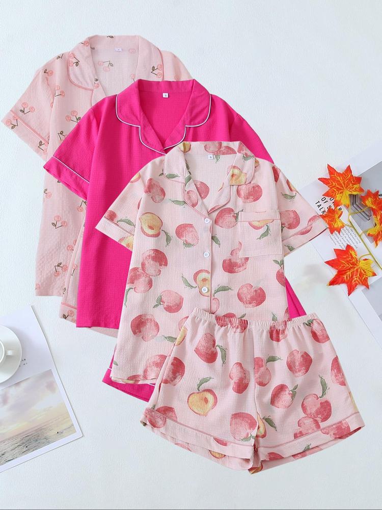 Women's Heart/All Over Fruit Print Contrast Binding Pyjama Set, Short Sleeve Lapel Neck Button Up Top & Elastic Waist Shorts PJ Set, Casual Comfy Loungewear Set for Women Pajamas, Homewear