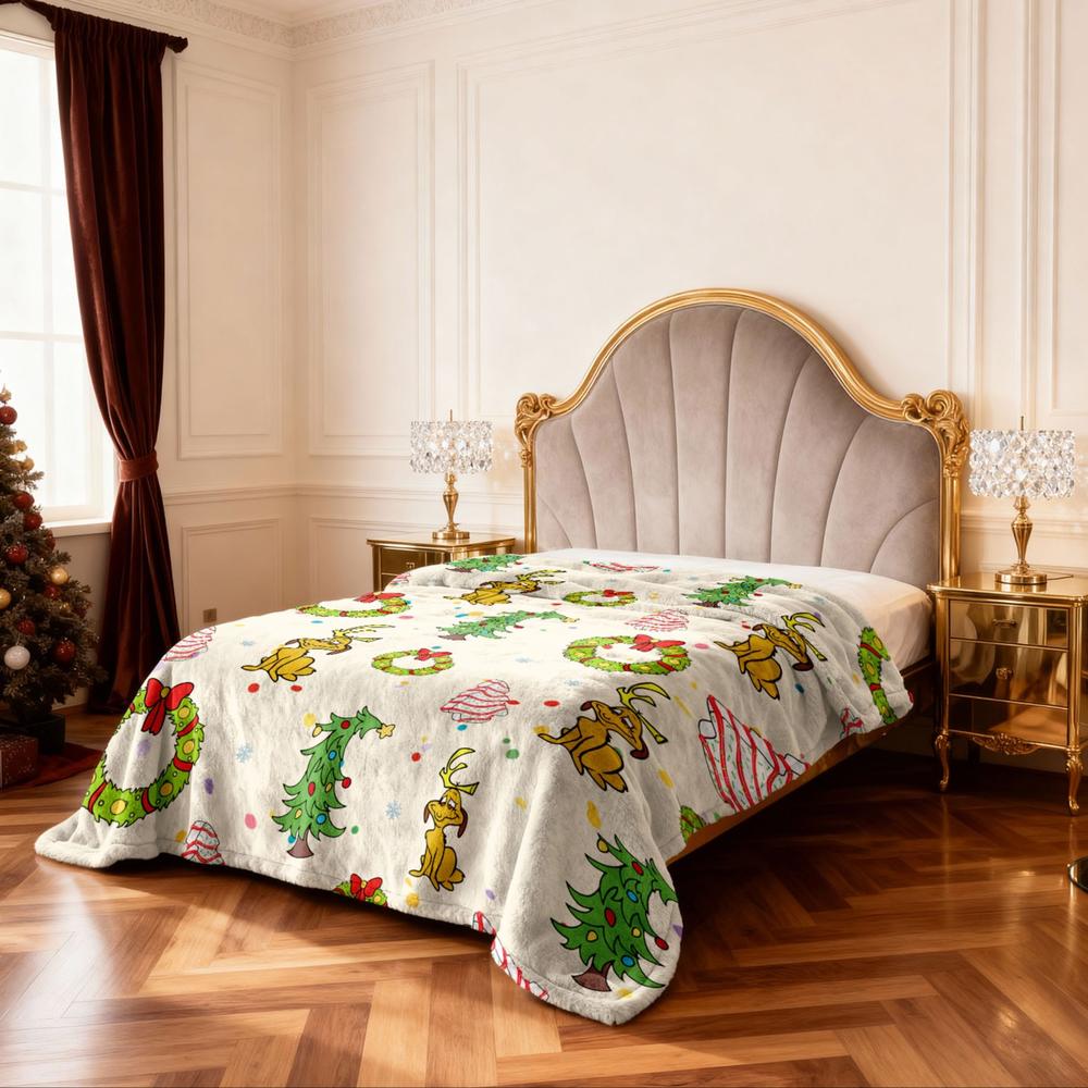 Grinch Max Christmas Flannel Blanket, Trees & Wreaths Design, Background, Soft Warm Festive Throw for Sofa Bed Holiday Decor