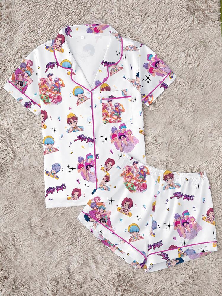 Women's K-Pop Demon Hunter Tiger Pajama Set, Two-Piece Short Sleeve Button-Up Top & Shorts, Comfortable Home Wear, Netflix Fan Gift