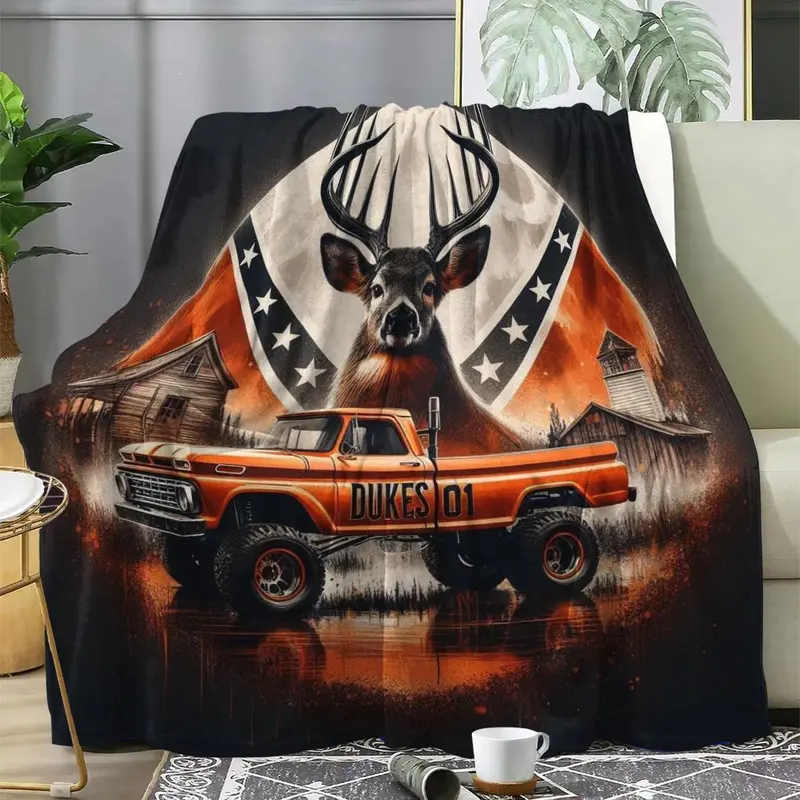 Truck & Deer Pattern Throw Blanket – Soft, Warm & Cozy for Home and Office