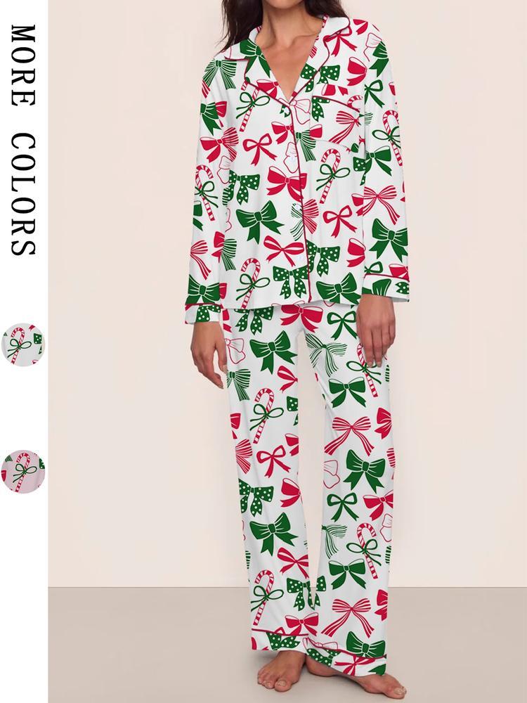Women's Christmas Pajama Set, Bowknot Design, Comfortable Fitted Sleep
