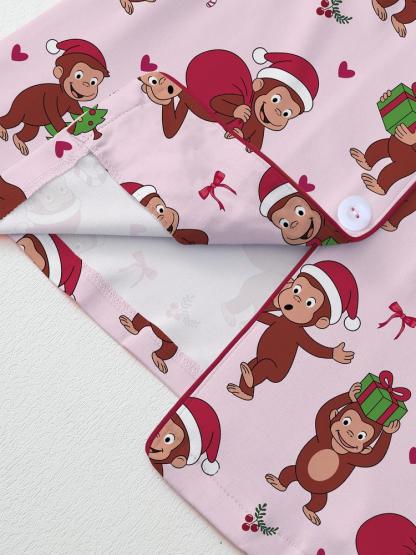 Christmas Cute Monkey Pajama Set, Comfortable Sleepwear for All Seasons, Fitted Cartoon Pattern Nightgown Gift,curious monkey