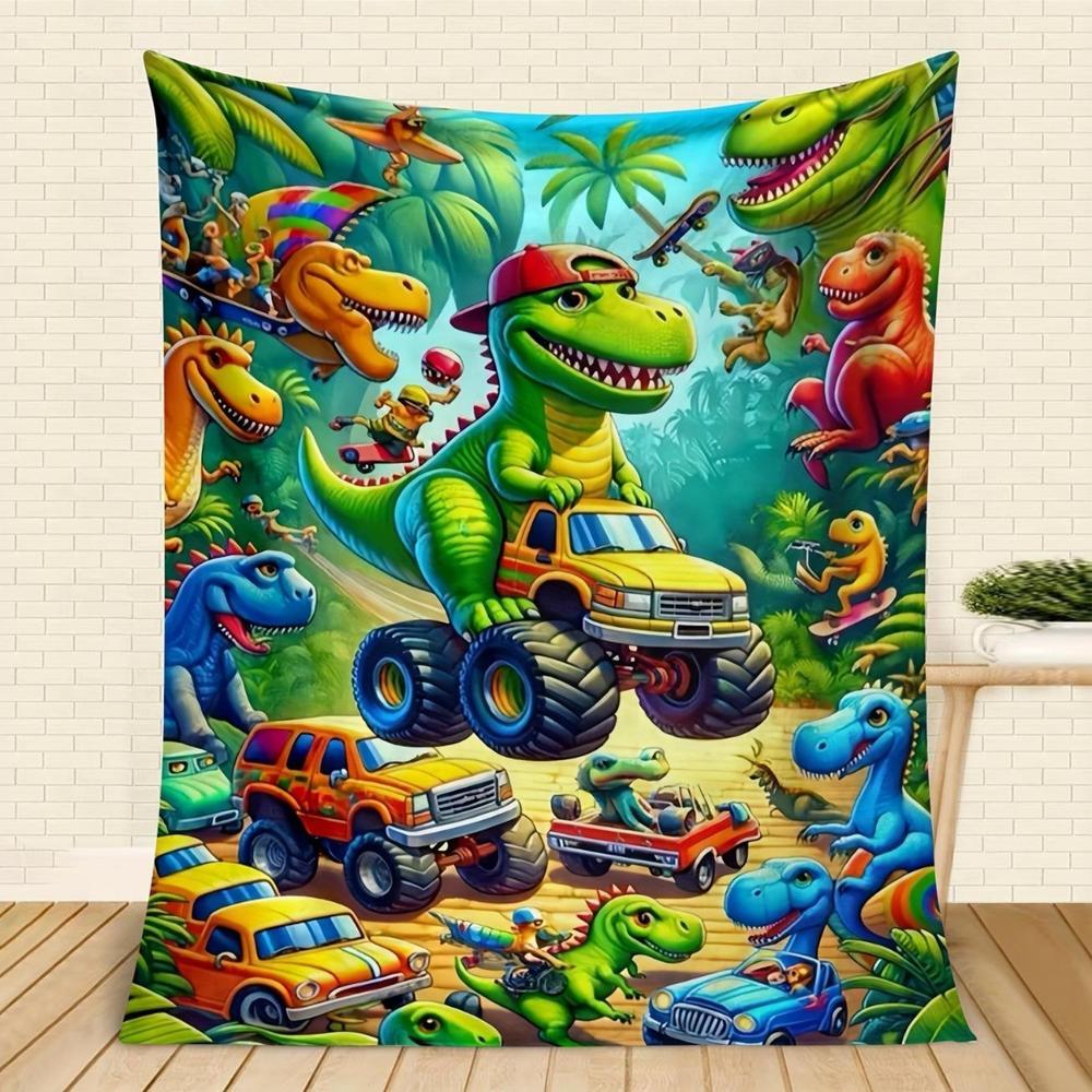 Soft Funny Throw Blanket Vibrant Cartoon Dinosaur Design,Comfortable Dinosaur Truck Flange Velvet Blanket,Perfect For Napping,Car Seats,And All Season Comfort