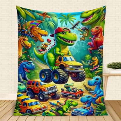 Soft Funny Throw Blanket Vibrant Cartoon Dinosaur Design,Comfortable Dinosaur Truck Flange Velvet Blanket,Perfect For Napping,Car Seats,And All Season Comfort
