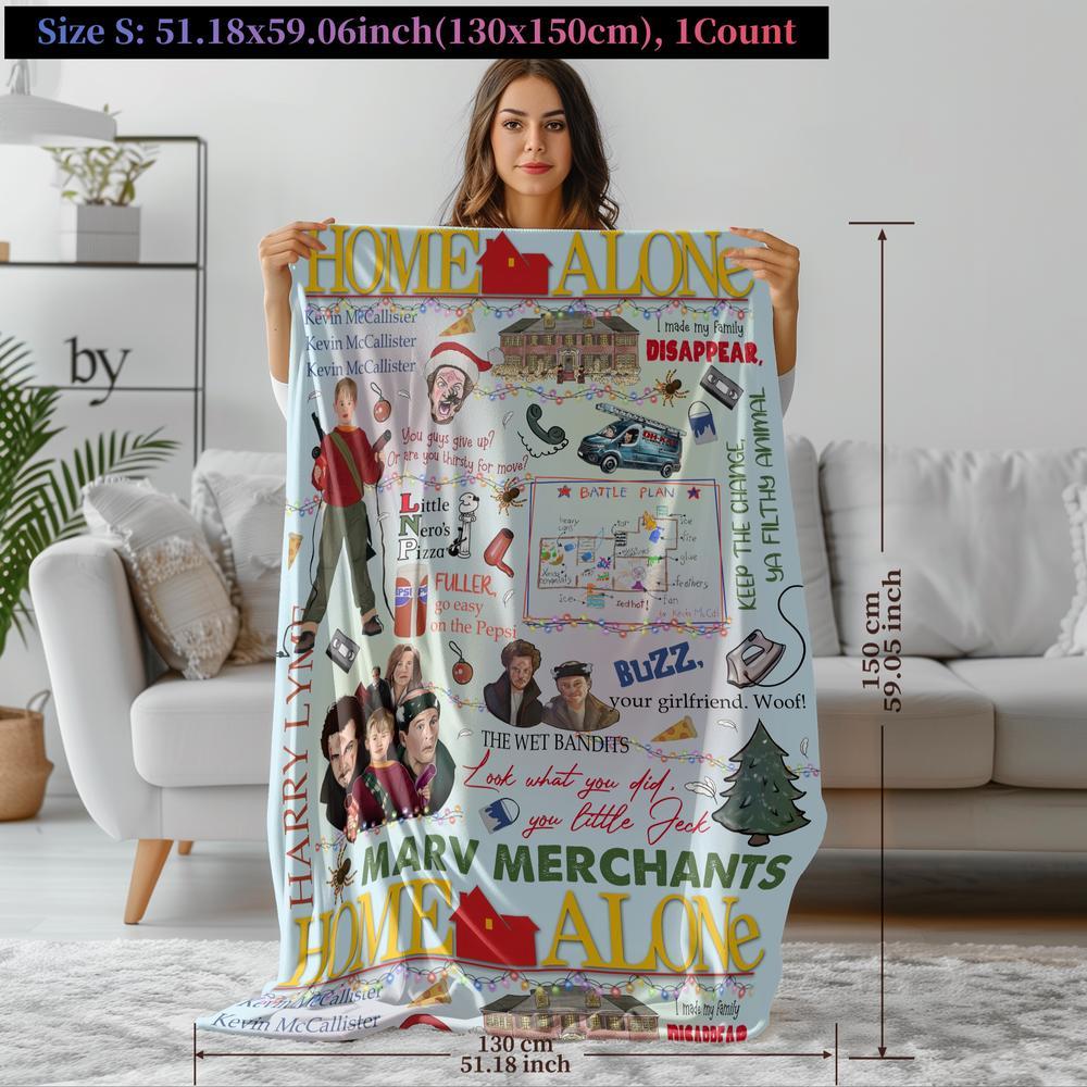Home Alone themed Christmas blanket featuring Kevin, Wet Bandits, pizza, battle plan, and iconic quotes. Cozy, soft, and festive, perfect for holiday décor, movie nights, or as a fun Christmas gift for family, friends, and fans of the classic film.