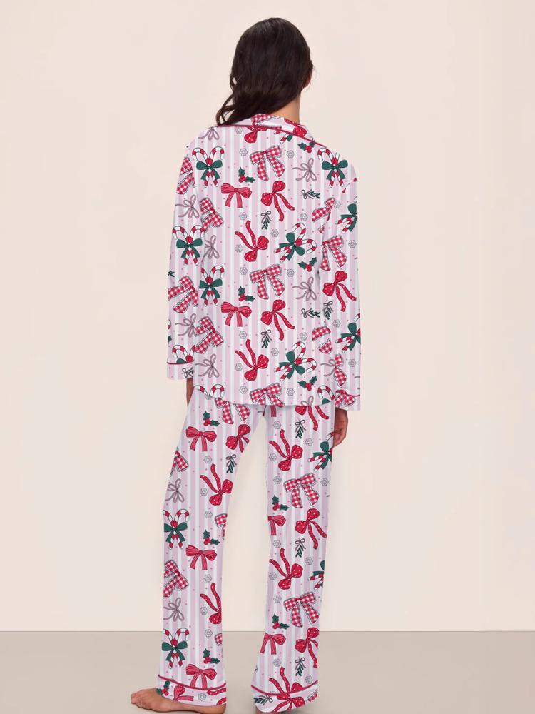 Women's Christmas Pajama Set, Bowknot Design, Comfortable Fitted Sleepwear, Fall & Winter Home Wear, Cute Party