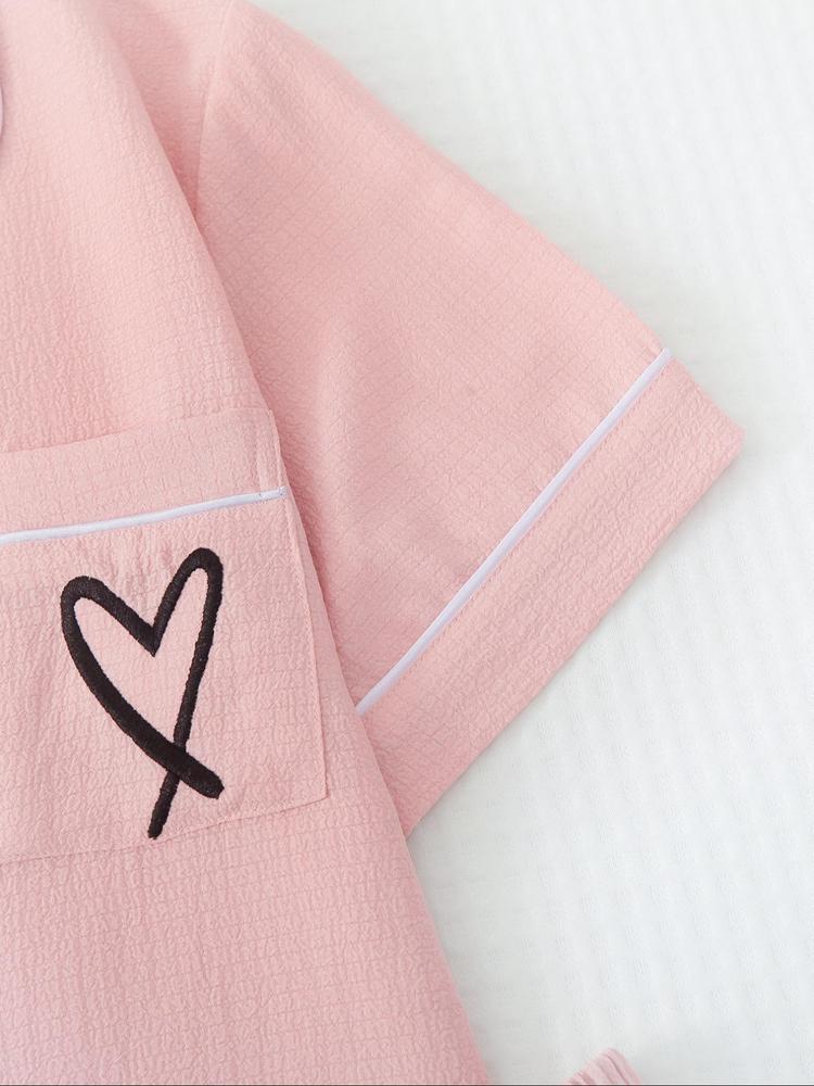 Women's Heart/All Over Fruit Print Contrast Binding Pyjama Set, Short Sleeve Lapel Neck Button Up Top & Elastic Waist Shorts PJ Set, Casual Comfy Loungewear Set for Women