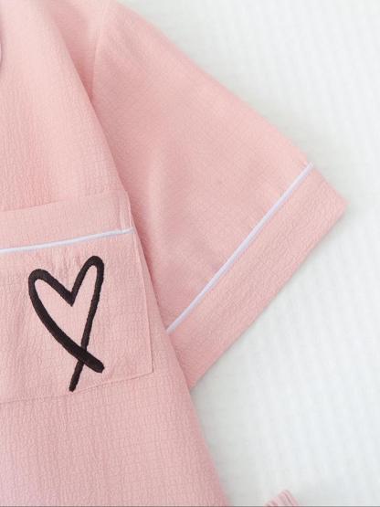 Women's Heart/All Over Fruit Print Contrast Binding Pyjama Set, Short Sleeve Lapel Neck Button Up Top & Elastic Waist Shorts PJ Set, Casual Comfy Loungewear Set for Women