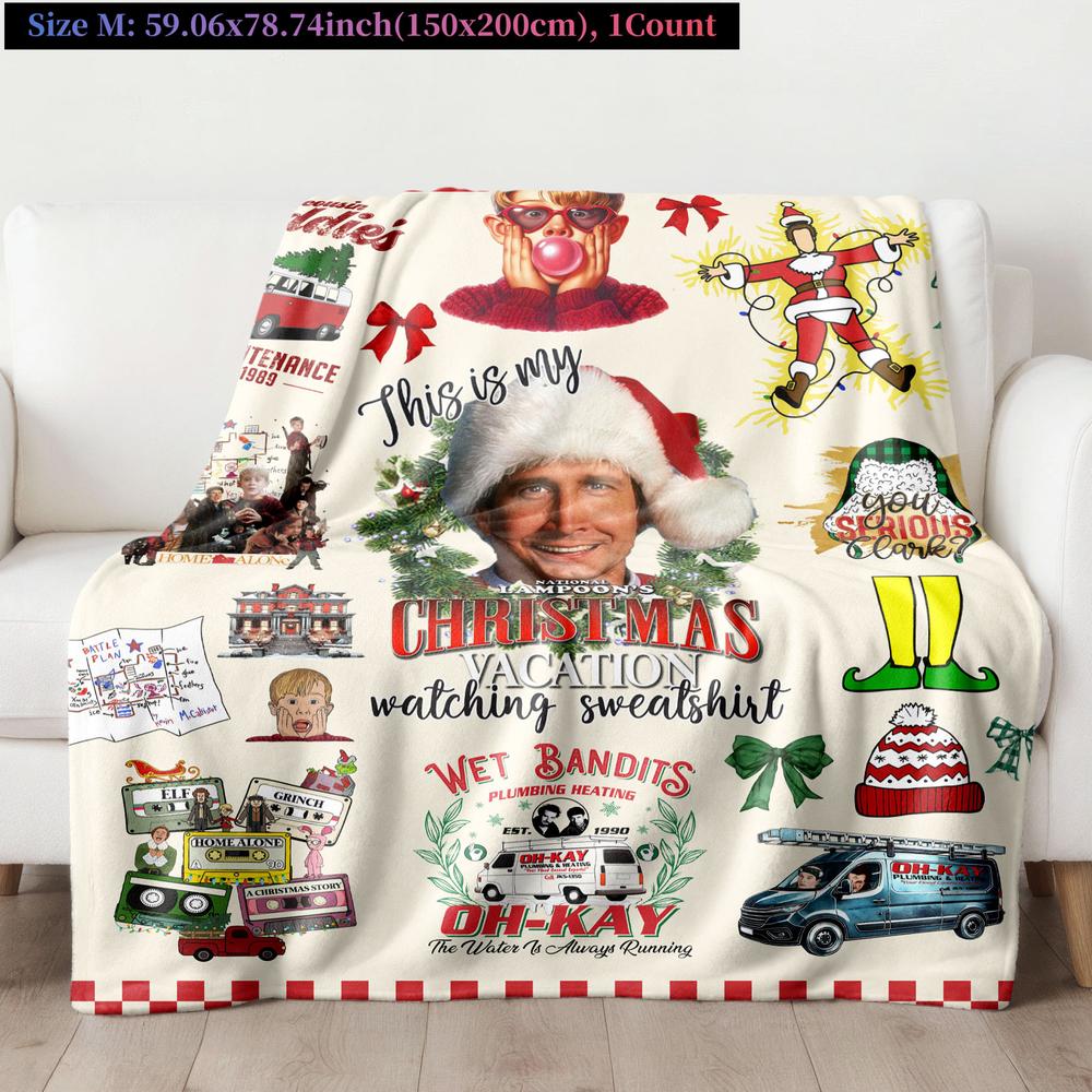 Christmas fleece blanket featuring Home Alone and Christmas Vacation designs with festive movie elements. Cozy, soft, and warm, perfect for holiday décor, bedroom, living room, or office naps. Adds fun and nostalgic Christmas spirit.