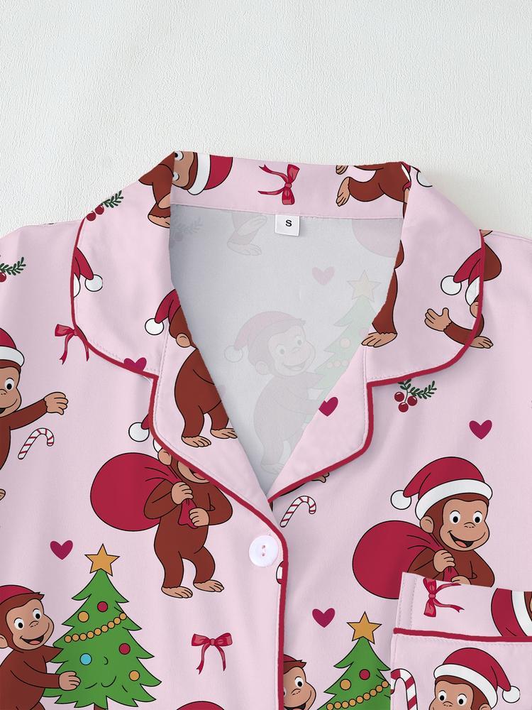 Christmas Cute Monkey Pajama Set, Comfortable Sleepwear for All Seasons, Fitted Cartoon Pattern Nightgown Gift,curious monkey