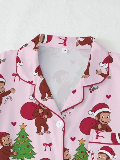 Christmas Cute Monkey Pajama Set, Comfortable Sleepwear for All Seasons, Fitted Cartoon Pattern Nightgown Gift,curious monkey