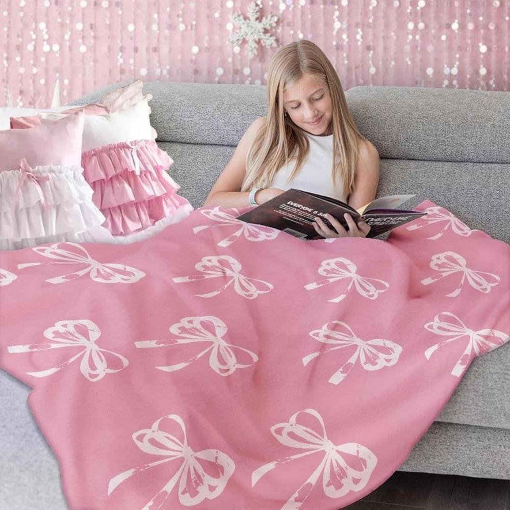 Soft Funny Throw Blanket Cute Pink Bow Coquette Girly Blanket Gifts For Kids Women Teens Flannel Pink Bow Blanket Bedding For Preppy Spring Decor