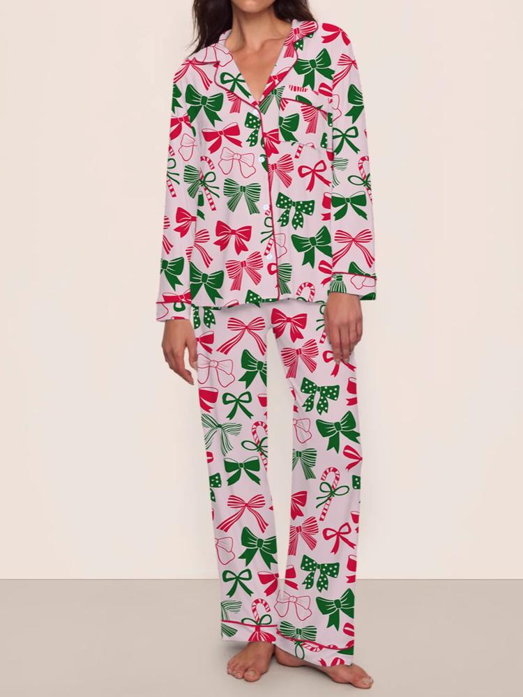 Women's Christmas Pajama Set, & Bow Design, Fitted Long Sleeve Top & Pants, Fall Winter Comfortable Sleepwear