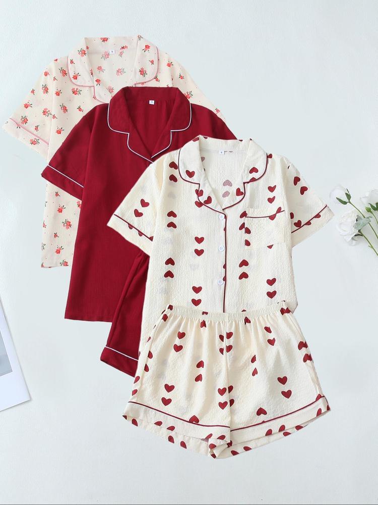 Romantic Heart Floral Pajama Set for Girls, Cute Short Sleeve Top & Sh
