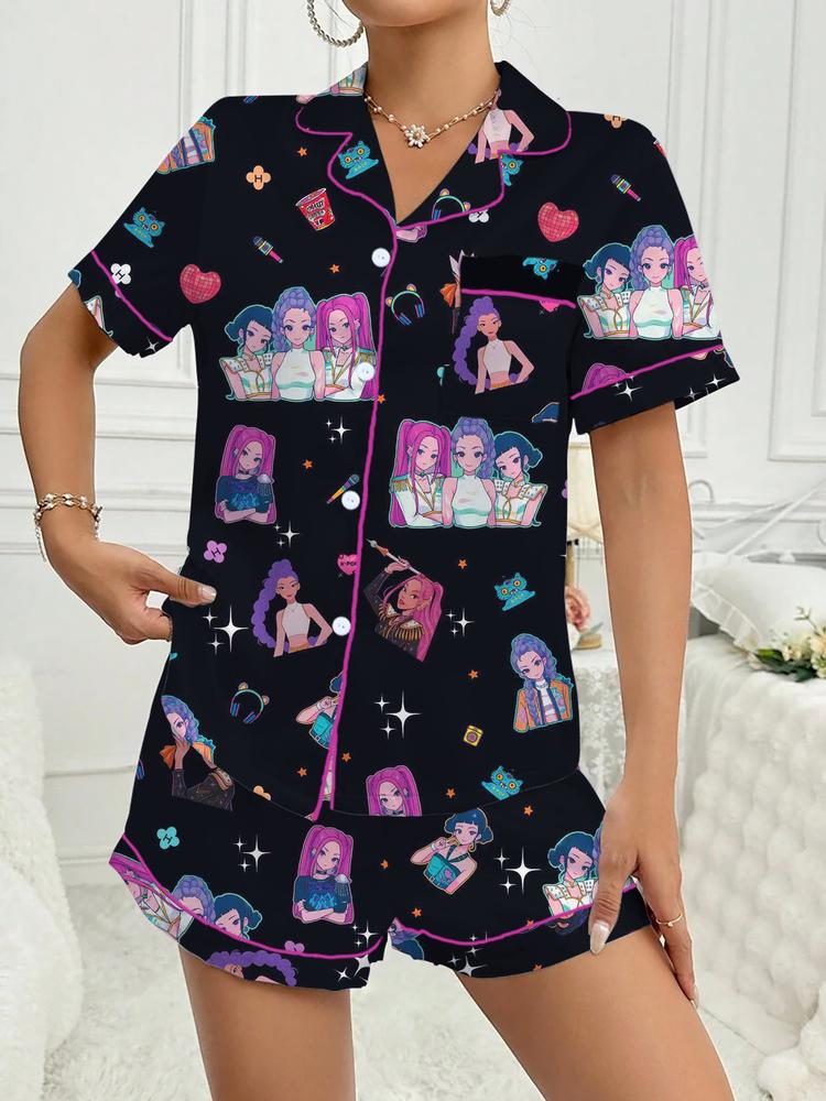 Women's K-Pop Demon Hunter Tiger Pajama Set, Two-Piece Short Sleeve Button-Up Top & Shorts, Comfortable Home Wear, Netflix Fan Gift