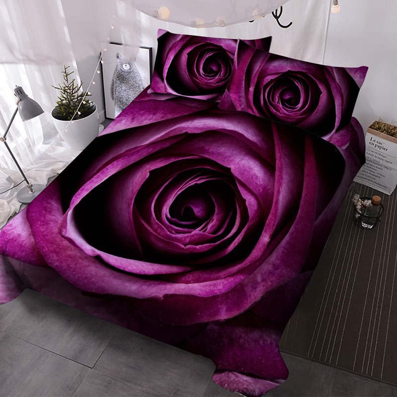 Elegant Purple Rose 3D 3-Piece Comforter Set Floral Bedding Set Microf