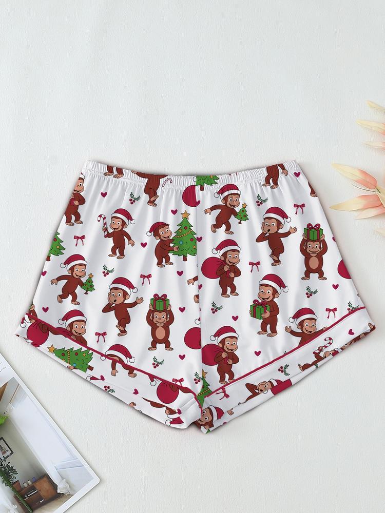 Cute Christmas Monkey Pajama Set, Comfortable Sleepwear for All Seasons, Fitted Cartoon Pattern Nightgown, Ideal Holiday Gift