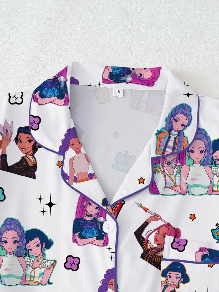 Women's Kpop Demon Hunter Tiger Sleepwear Set, Long Sleeve Button-up Top & Pants, Casual Home Wear, Netflix Fan Gift, Loungewear