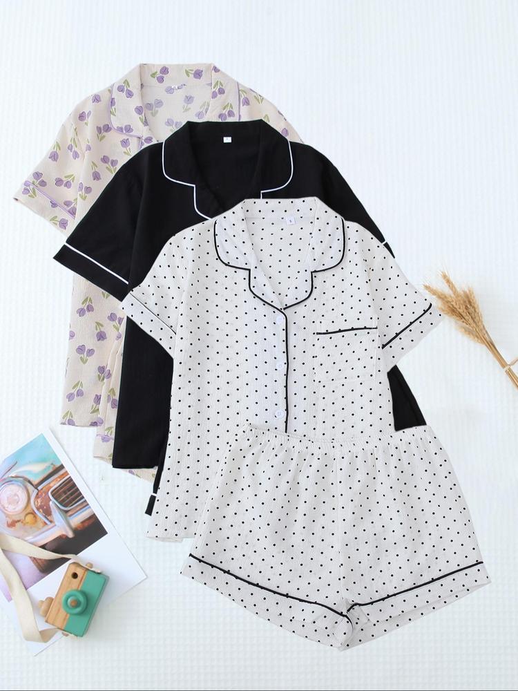 Women's Heart/All Over Fruit Print Contrast Binding Pyjama Set, Short Sleeve Lapel Neck Button Up Top & Elastic Waist Shorts PJ Set, Casual Comfy Loungewear Set for Women Pajamas, Homewear