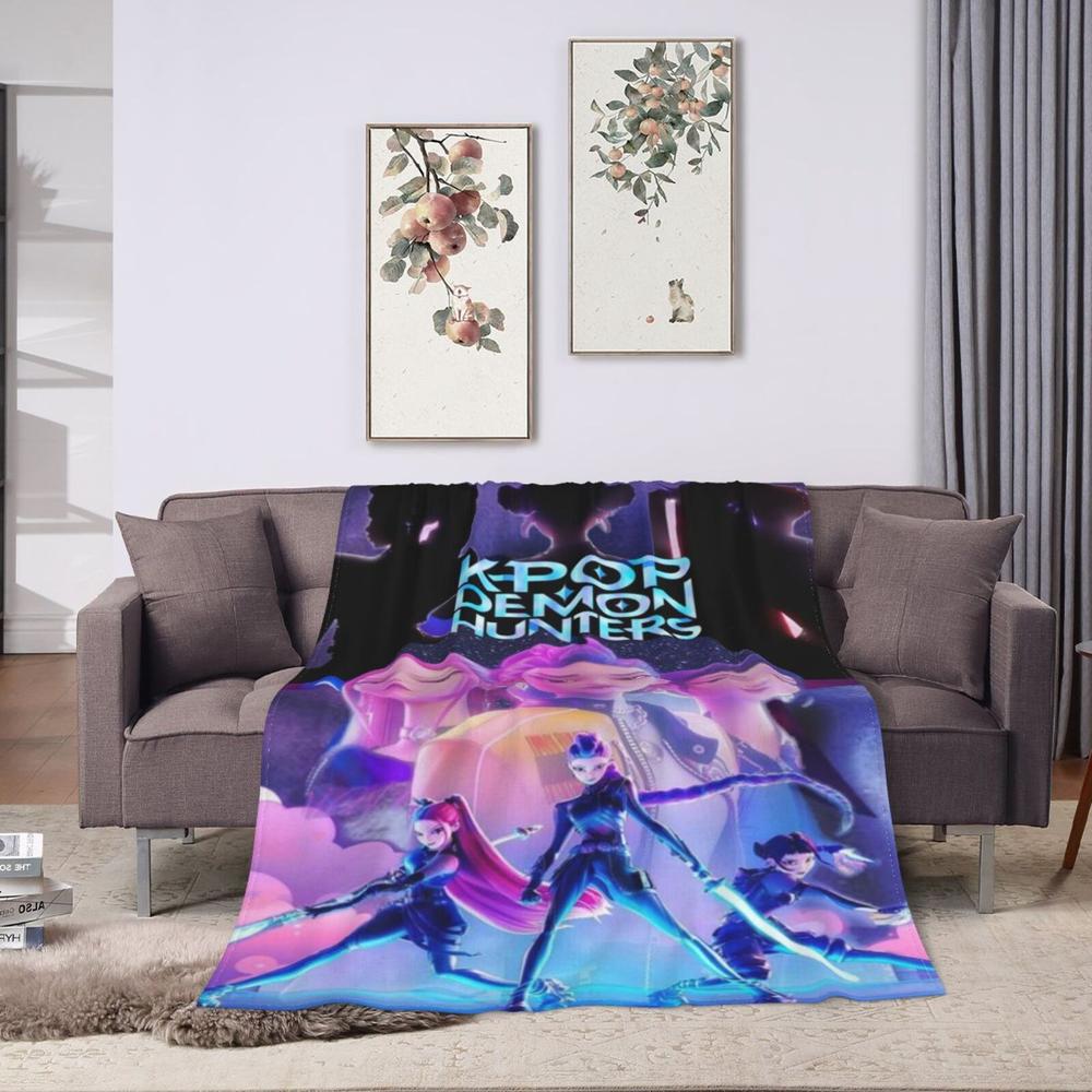 Cool K-Pop Demon Anime Hunter Flannel Blanket For Sofa Couch Bedspread,Lightweight Throw Blanket For Living Room,Perfect Gift