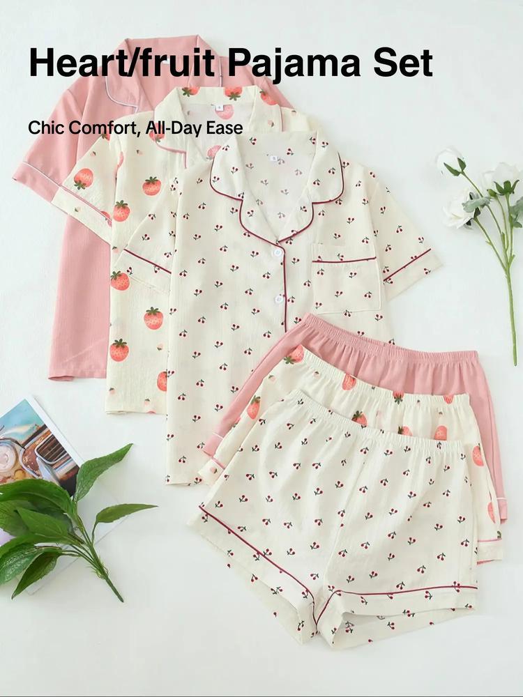 Women's Heart/All Over Fruit Print Contrast Binding Pyjama Set, Short Sleeve Lapel Neck Button Up Top & Elastic Waist Shorts PJ Set, Casual Comfy Loungewear Set for Women Pajamas, Homewear