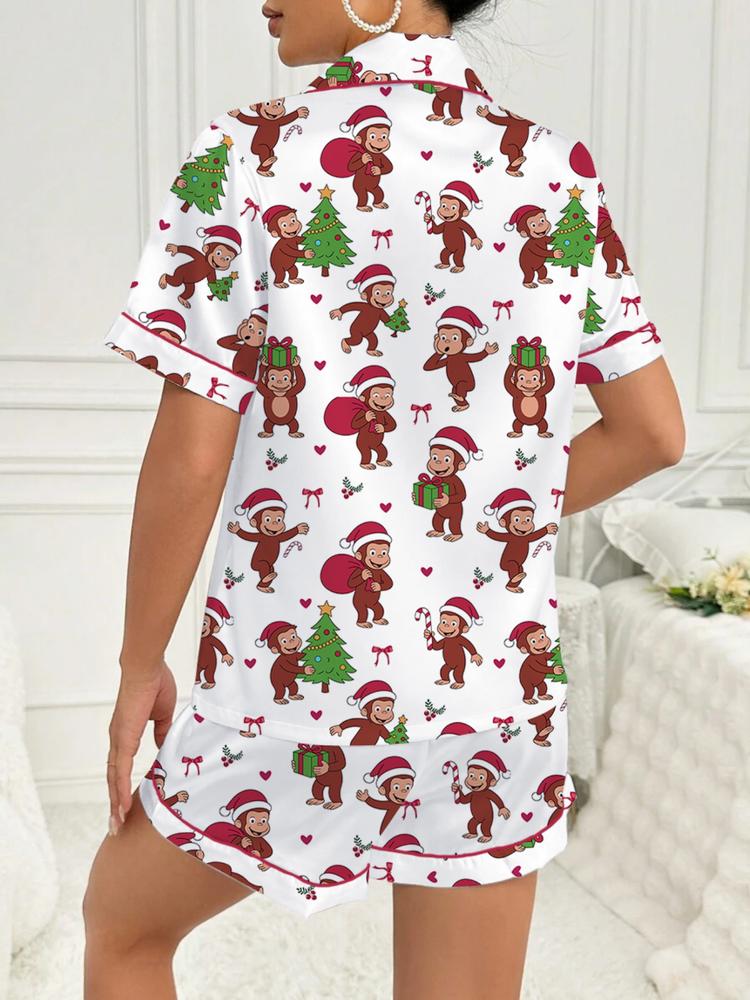 Cute Christmas Monkey Pajama Set, Comfortable Sleepwear for All Seasons, Fitted Cartoon Pattern Nightgown, Ideal Holiday Gift