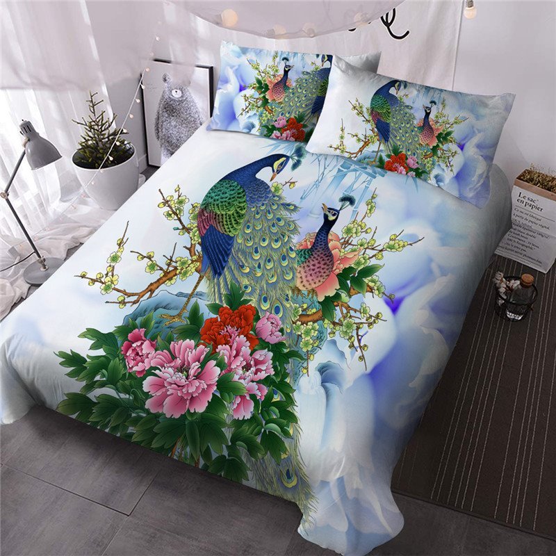 3D Peacock and Flower Print Comforter Set 3 PCS Bedding Set Ultra-soft