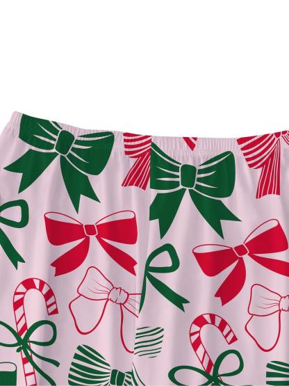Women's Christmas Pajama Set, & Bow Design, Fitted Long Sleeve Top & Pants, Fall Winter Comfortable Sleepwear