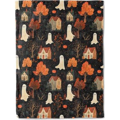 Soft Funny Throw Blanket Spooky Ghost Village Flannel Blanket Cute With Autumn Trees,And Houses Throw Cozy Gifts Balnkets For Halloween Decor,Fall Lovers,Kids,Women,Festive Home Accents