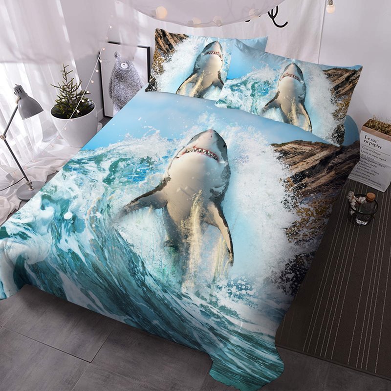3D Shark Print Bedding 3 PCS Comforter Set High-Quality Microfiber No-