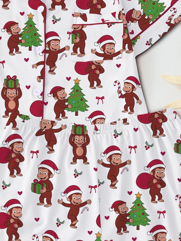 Cute Christmas Monkey Pajama Set, Comfortable Sleepwear for All Seasons, Fitted Cartoon Pattern Nightgown, Ideal Holiday Gift