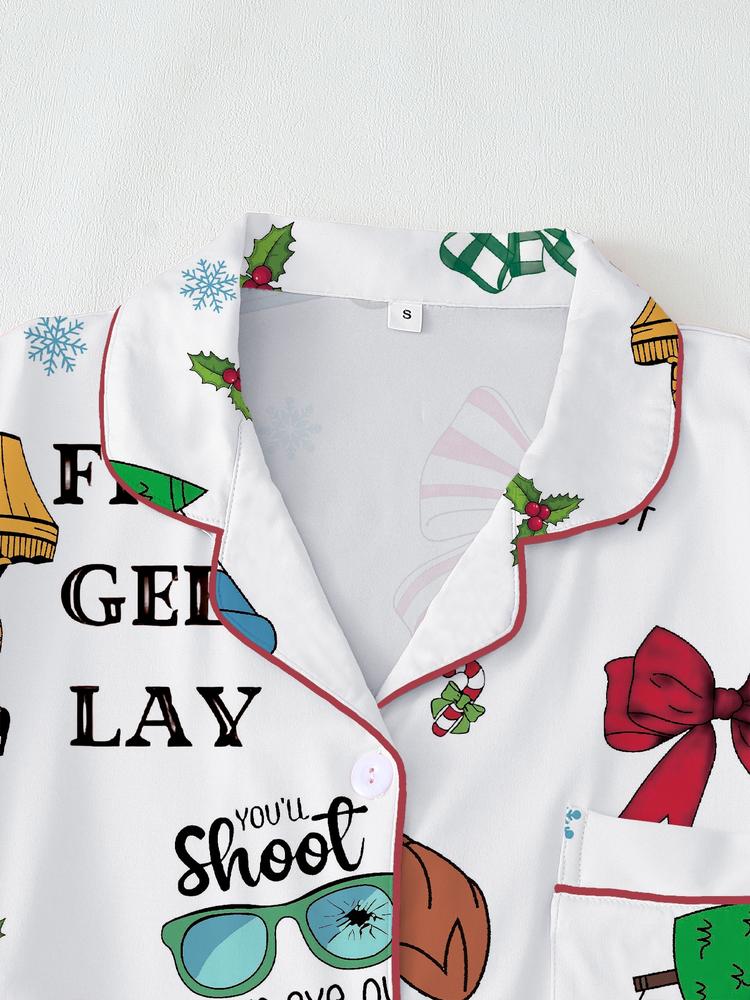 Women's Christmas Story Fall & Winter Sleepwear Set, Elegant Long Sleeve Pajamas, Colorblock Two-Piece, Fitted Home Wear