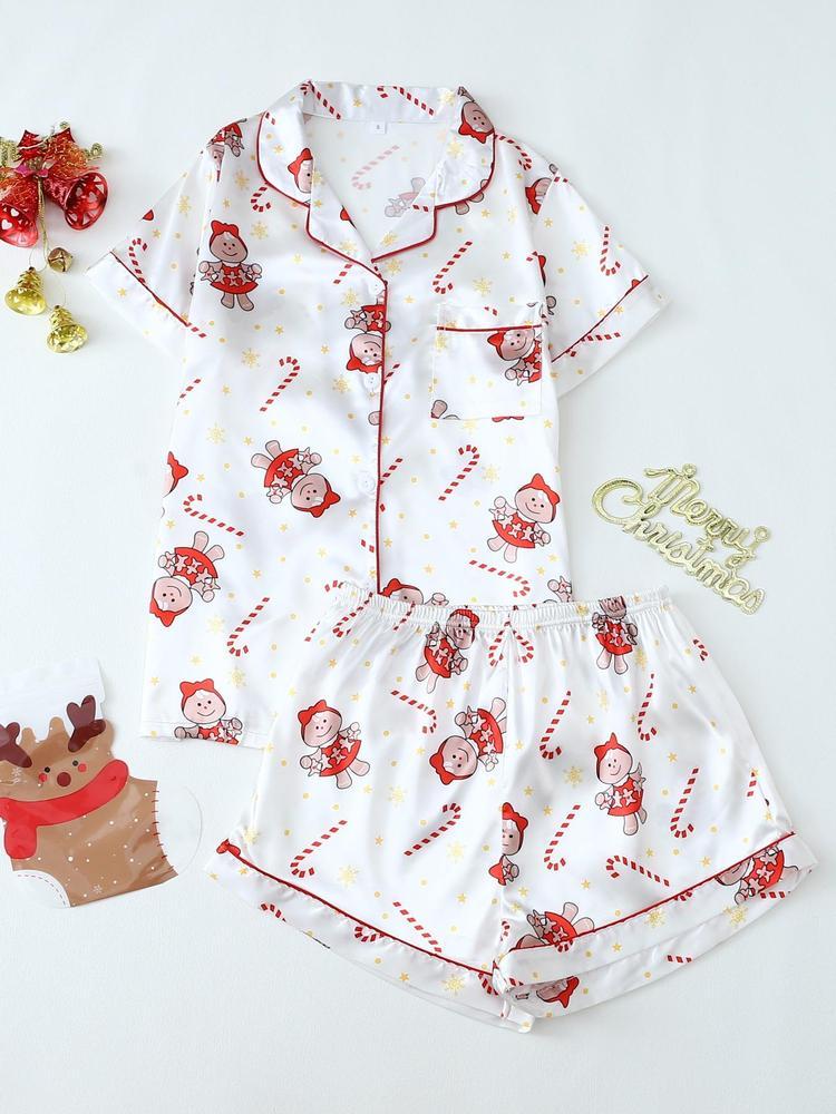 Two-Piece Set Women's Christmas Print Lapel Neck Pocket Shirt & Elastic Waist Shorts Pajama, Casual Comfy Short Sleeve Button Up Top & Shorts PJ Set, Ladies Sleepwear for All Seasons, Loungewear