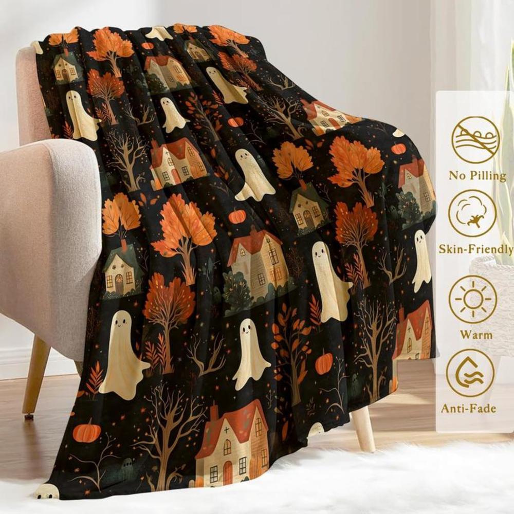 Soft Funny Throw Blanket Spooky Ghost Village Flannel Blanket Cute With Autumn Trees,And Houses Throw Cozy Gifts Balnkets For Halloween Decor,Fall Lovers,Kids,Women,Festive Home Accents