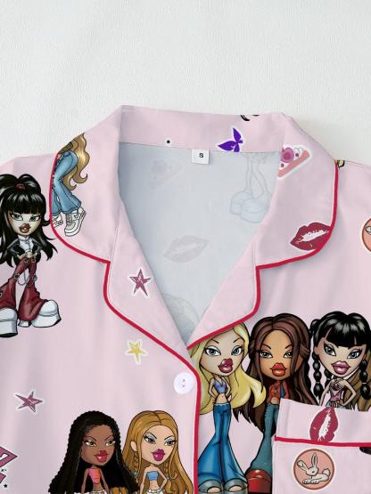 Y2K pajamas,doll pajamas,Autumn Winter Women's Pajamas Set, Cute Elegant Long Sleeve Top & Pants, Fitted Home Wear, All over Graphic Pattern, Moderate Fabric