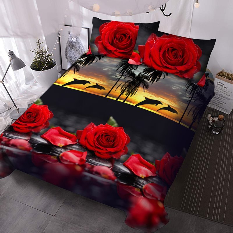 3-Piece Red Roses Sunset 3D Comforter Set/Bedding Set with 2 Pillowcas