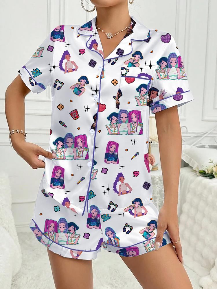 Women's K-Pop Demon Hunter Tiger Pajama Set, Two-Piece Short Sleeve Button-Up Top & Shorts, Comfortable Home Wear, Netflix Fan Gift