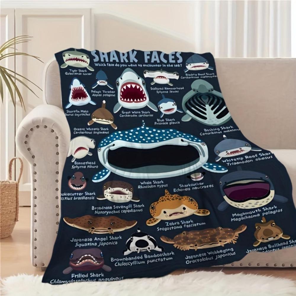 Soft Funny Throw Blanket Coastal Style Shark Faces Flannel All-Season Knitted,Multipurpose For Travel,Camping,Sofa Animal Theme Printed Blanket
