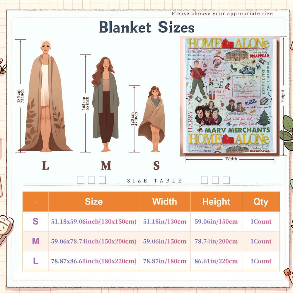 Home Alone themed Christmas blanket featuring Kevin, Wet Bandits, pizza, battle plan, and iconic quotes. Cozy, soft, and festive, perfect for holiday décor, movie nights, or as a fun Christmas gift for family, friends, and fans of the classic film.
