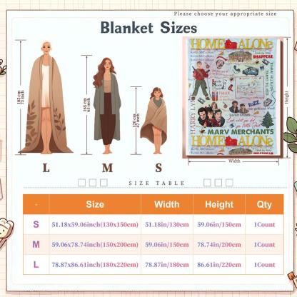 Home Alone themed Christmas blanket featuring Kevin, Wet Bandits, pizza, battle plan, and iconic quotes. Cozy, soft, and festive, perfect for holiday décor, movie nights, or as a fun Christmas gift for family, friends, and fans of the classic film.