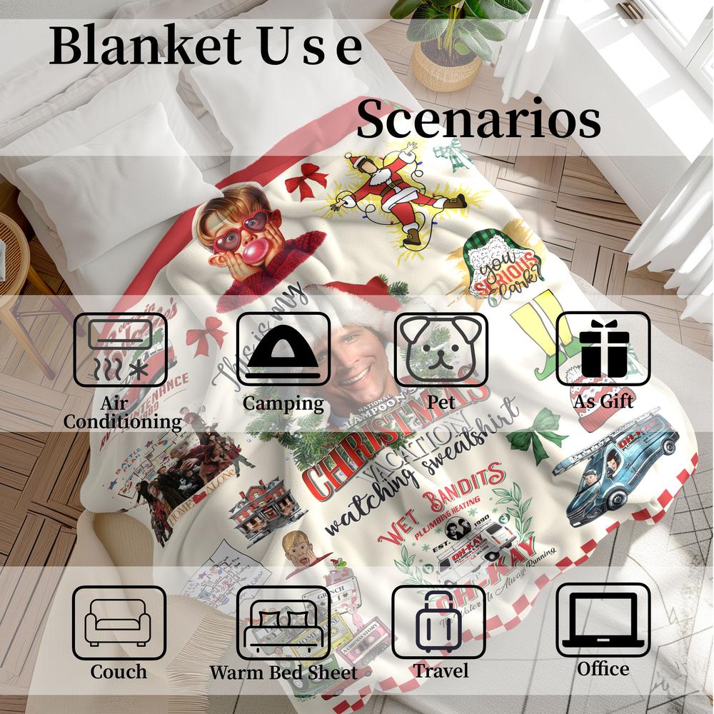 Christmas fleece blanket featuring Home Alone and Christmas Vacation designs with festive movie elements. Cozy, soft, and warm, perfect for holiday décor, bedroom, living room, or office naps. Adds fun and nostalgic Christmas spirit.