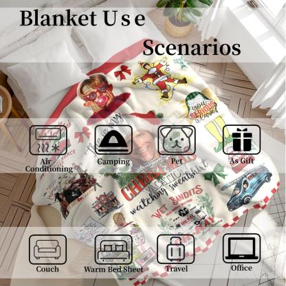 Christmas fleece blanket featuring Home Alone and Christmas Vacation designs with festive movie elements. Cozy, soft, and warm, perfect for holiday décor, bedroom, living room, or office naps. Adds fun and nostalgic Christmas spirit.
