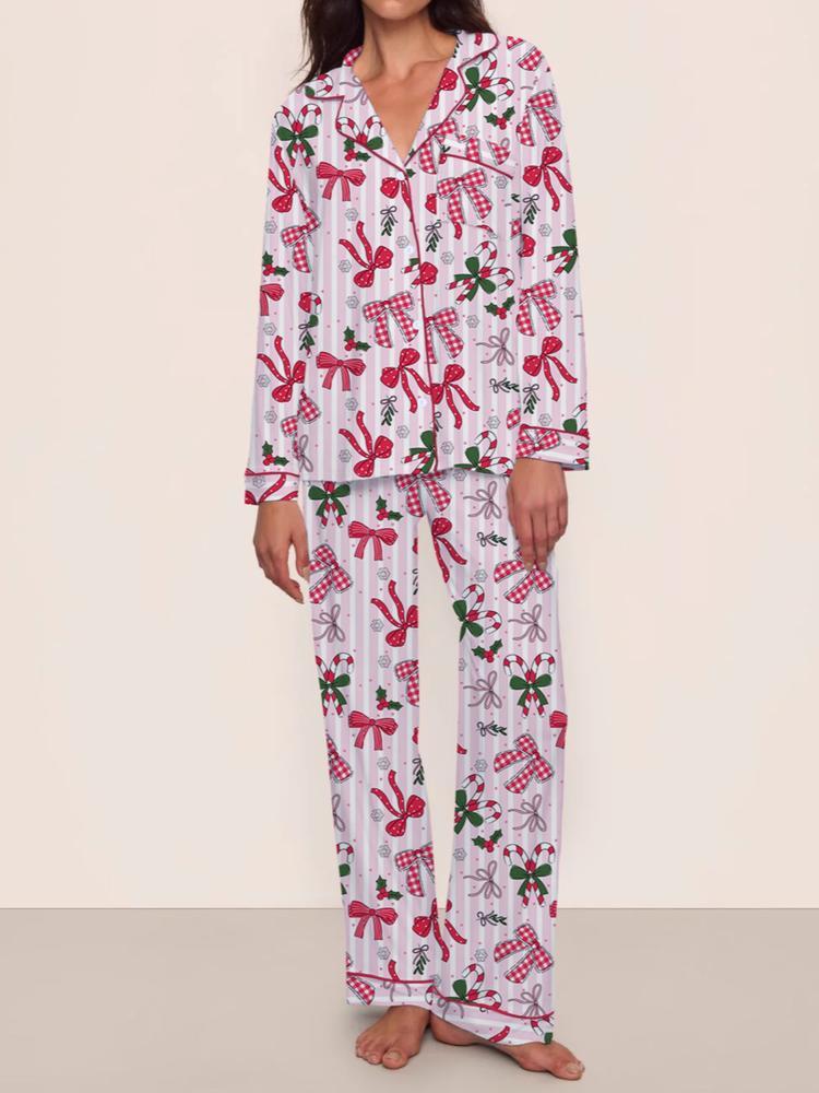 Women's Christmas Pajama Set, Bowknot Design, Comfortable Fitted Sleepwear, Fall & Winter Home Wear, Cute Party