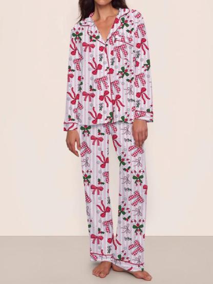 Women's Christmas Pajama Set, Bowknot Design, Comfortable Fitted Sleepwear, Fall & Winter Home Wear, Cute Party