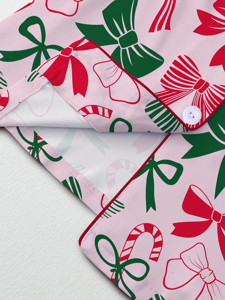 Women's Christmas Pajama Set, & Bow Design, Fitted Long Sleeve Top & Pants, Fall Winter Comfortable Sleepwear